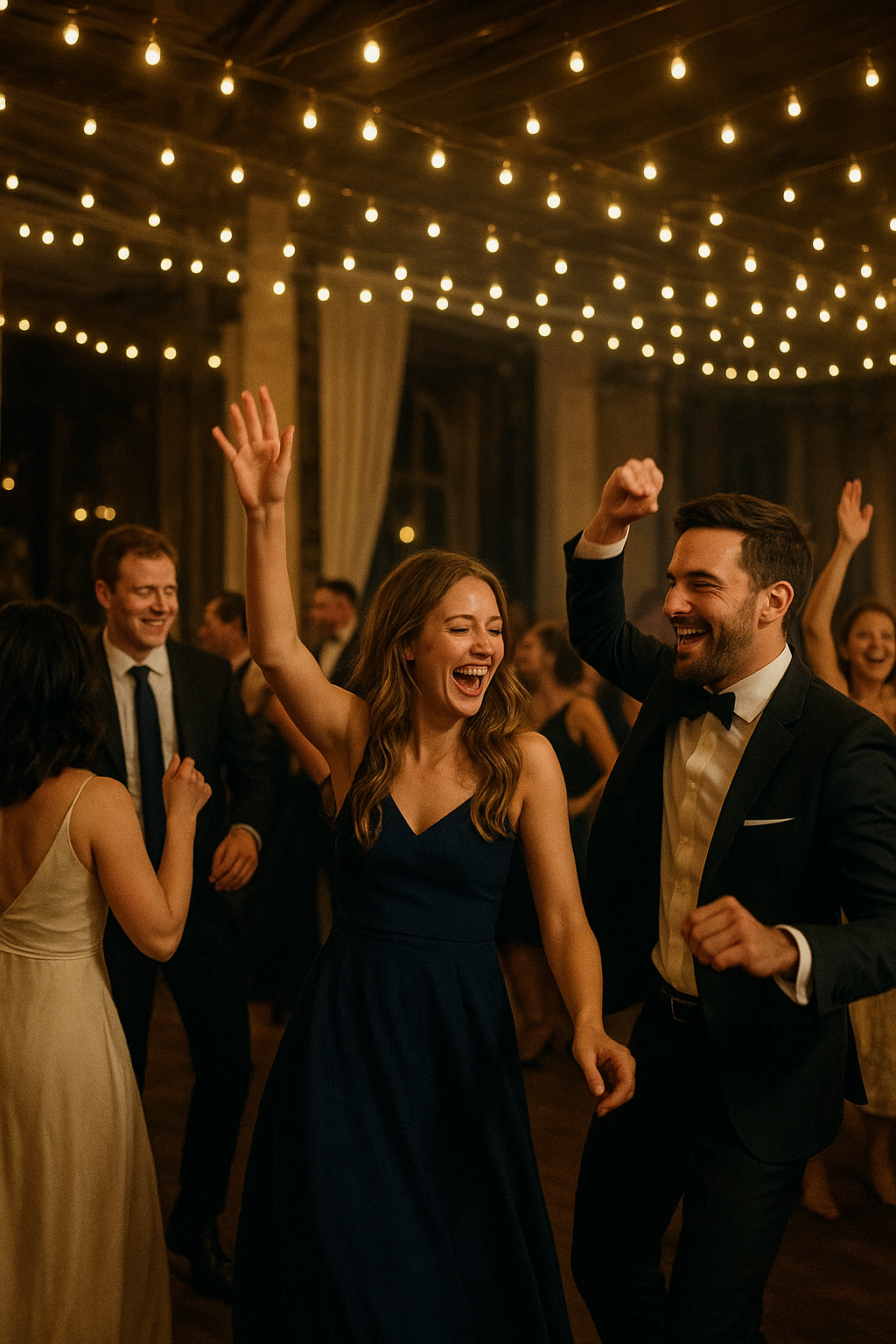 Guests dancing joyfully at a private evening celebration