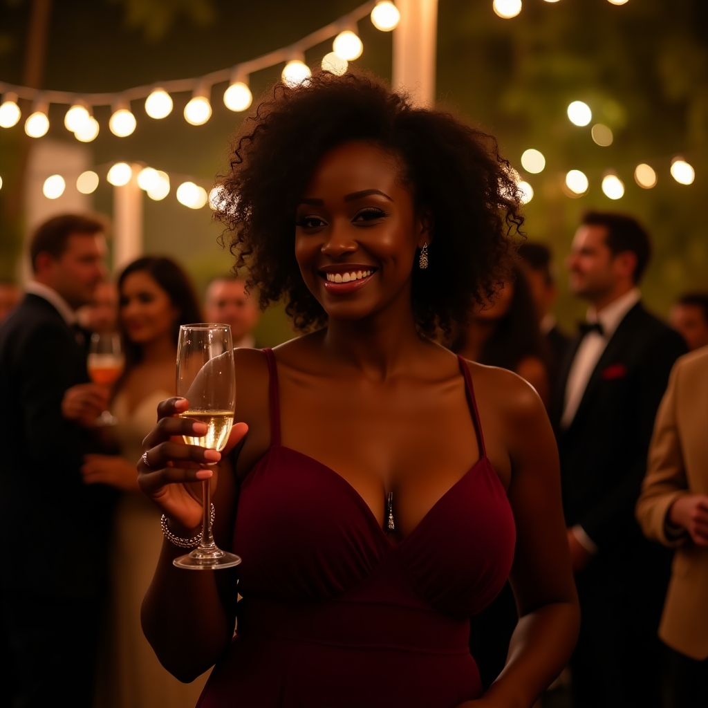 Amara Jones at an elegant private celebration with warm lights