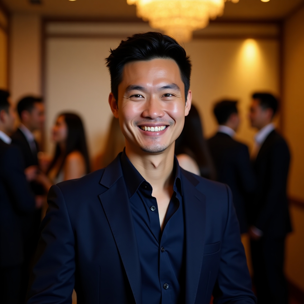 Daniel Kim in a navy blazer at a corporate reception