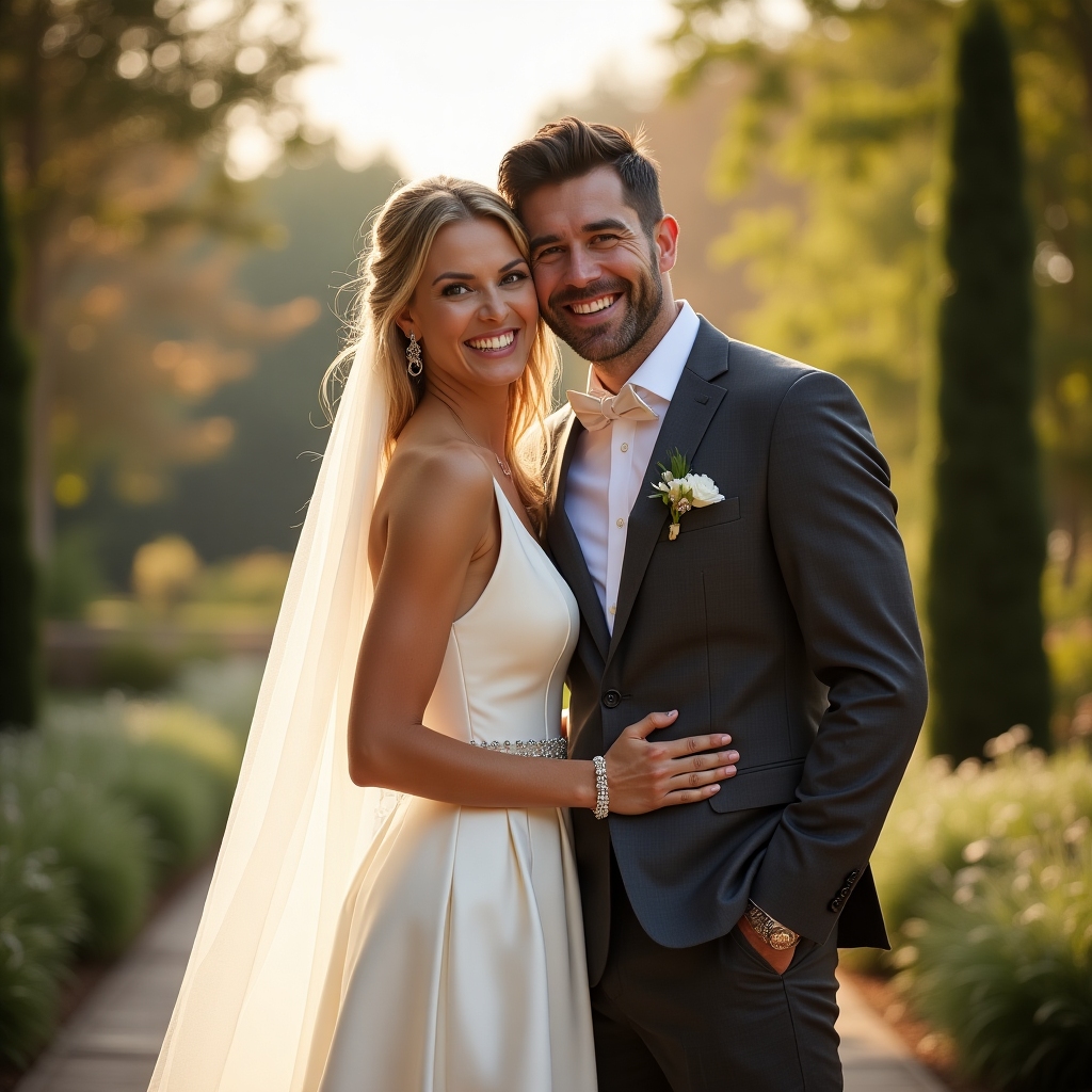 Evelyn and Noah smiling in formal wedding attire