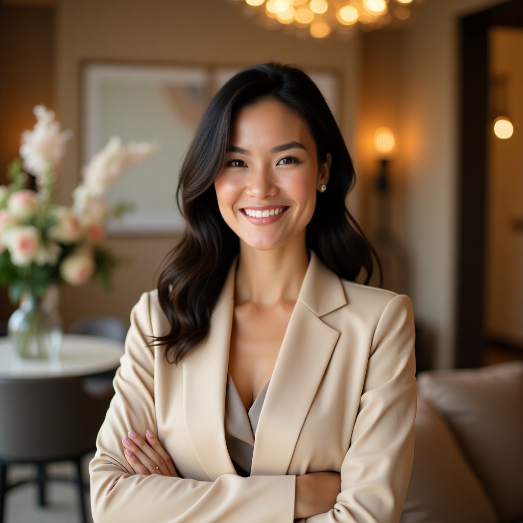 Sophia Reed, event planner, standing in a modern venue