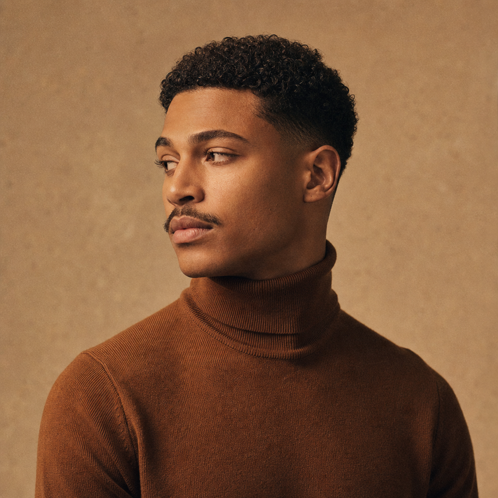 Portrait of a man with a short curly fade wearing a warm brown turtleneck