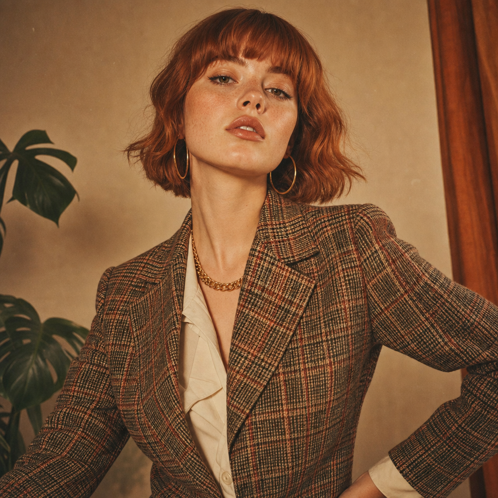 Portrait of a confident woman with a cropped copper bob wearing a plaid blazer