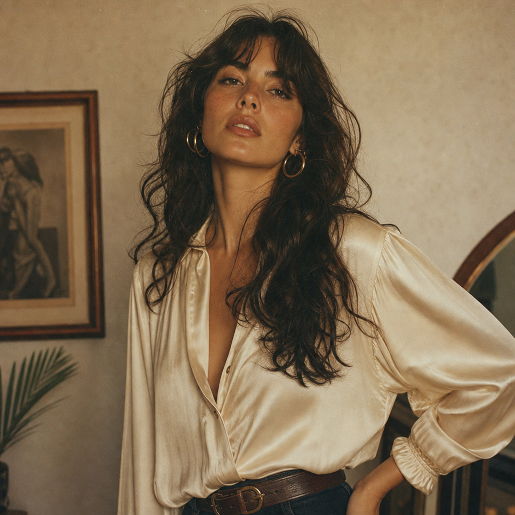 Portrait of a woman with long dark waves wearing a cream silk blouse and gold hoops