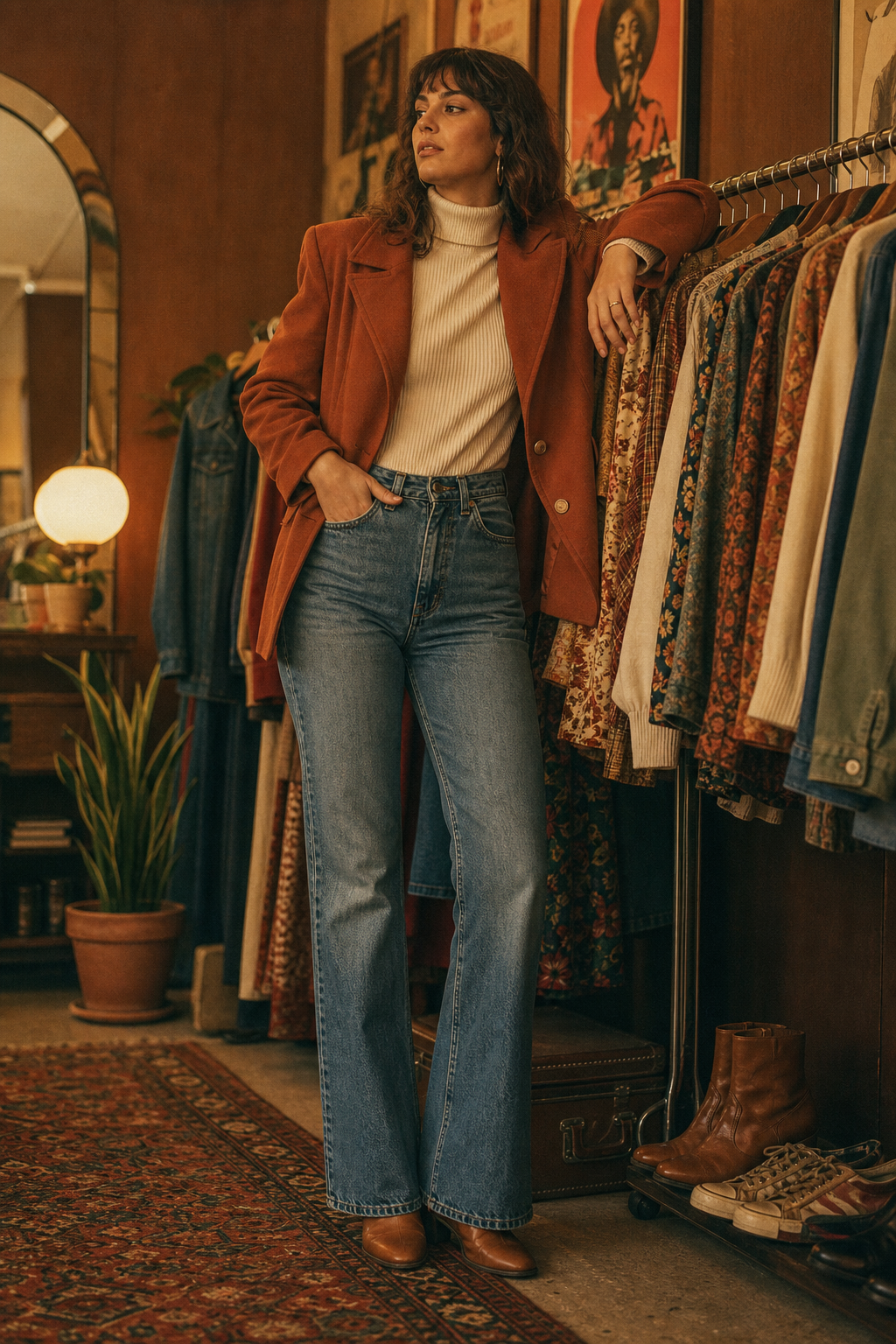 Model in a burnt-orange 70s blazer and high-waisted denim, shot on warm film grain against a boutique rack