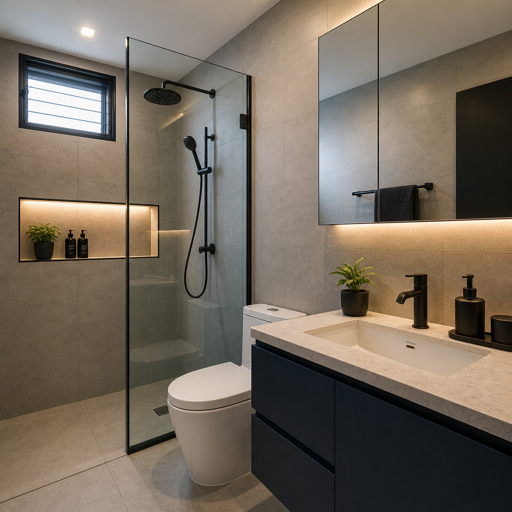 Modern bathroom upgrade with glass partition and recessed niche