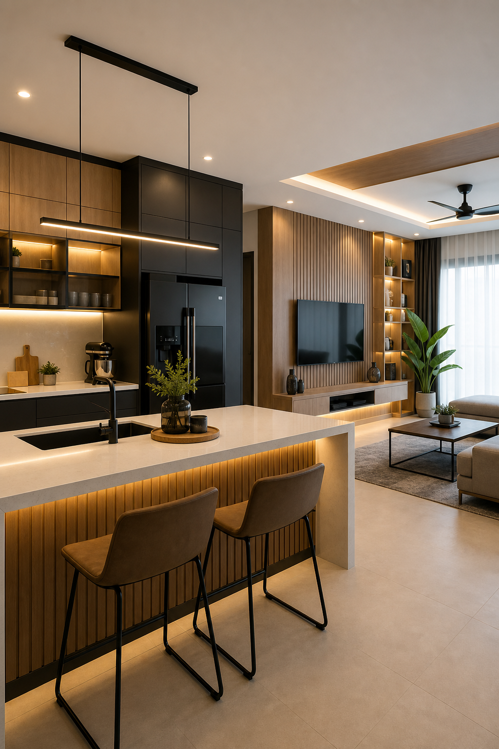 Premium renovation project photo showing a modern Singapore interior with warm lighting, detailed cabinetry, and clean finishes