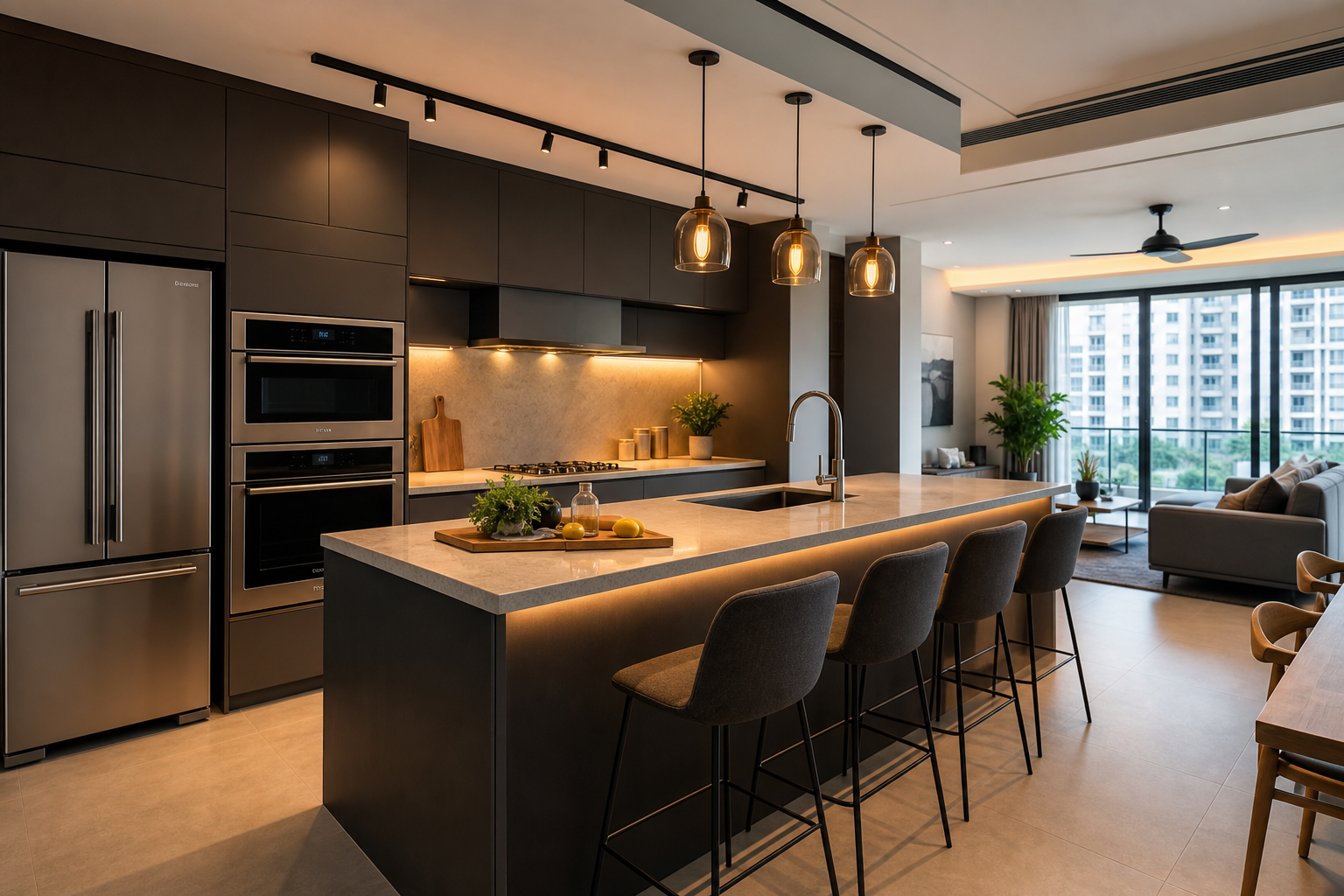 Open-concept kitchen renovation with island and warm task lighting