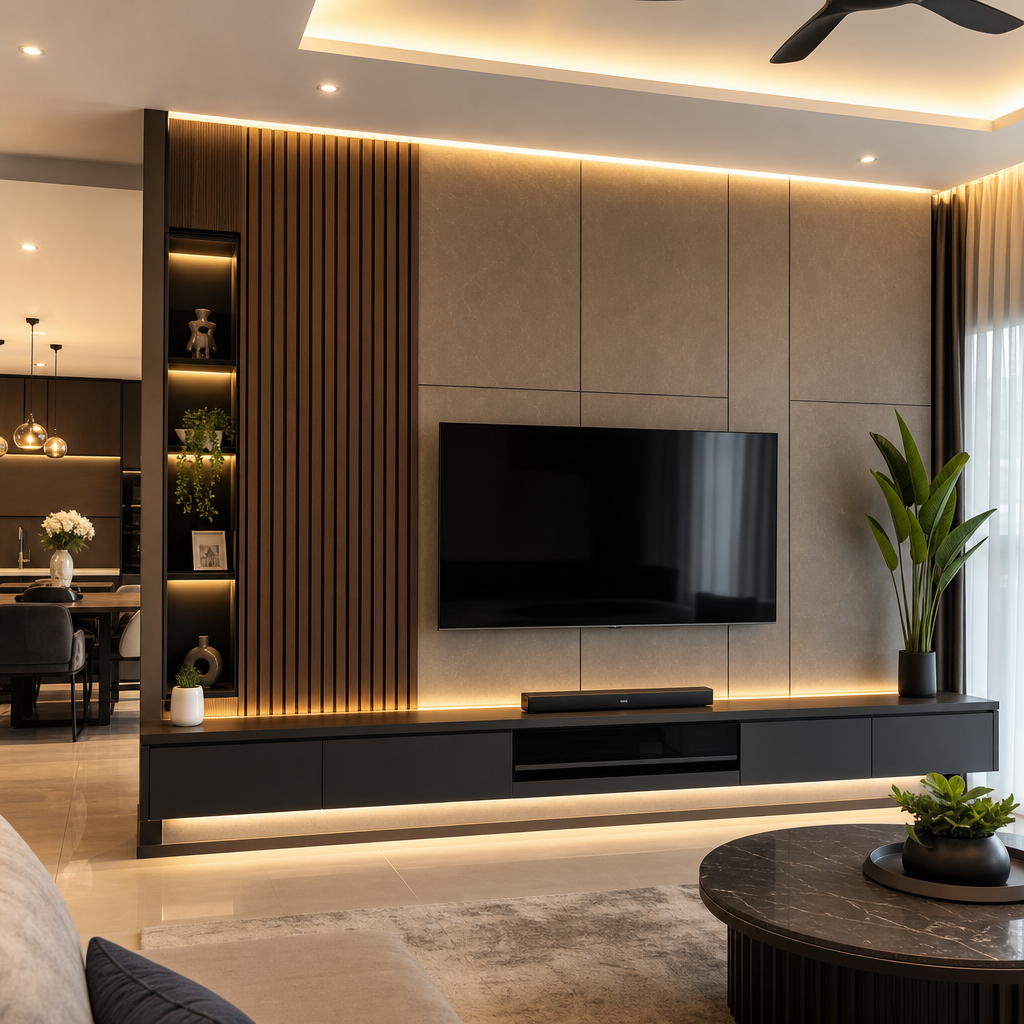 Living hall feature wall with layered panels and ambient lighting