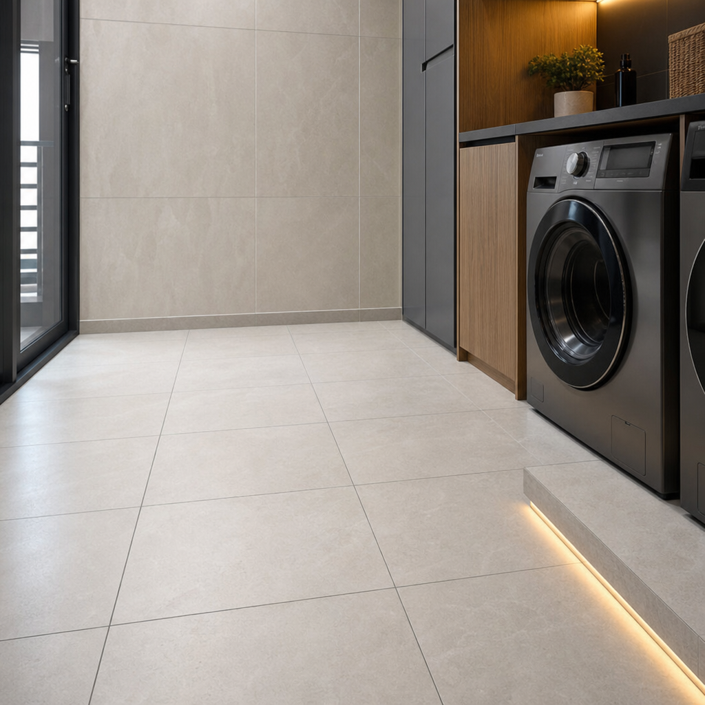 Precision tiling with clean grout lines in a bright utility space