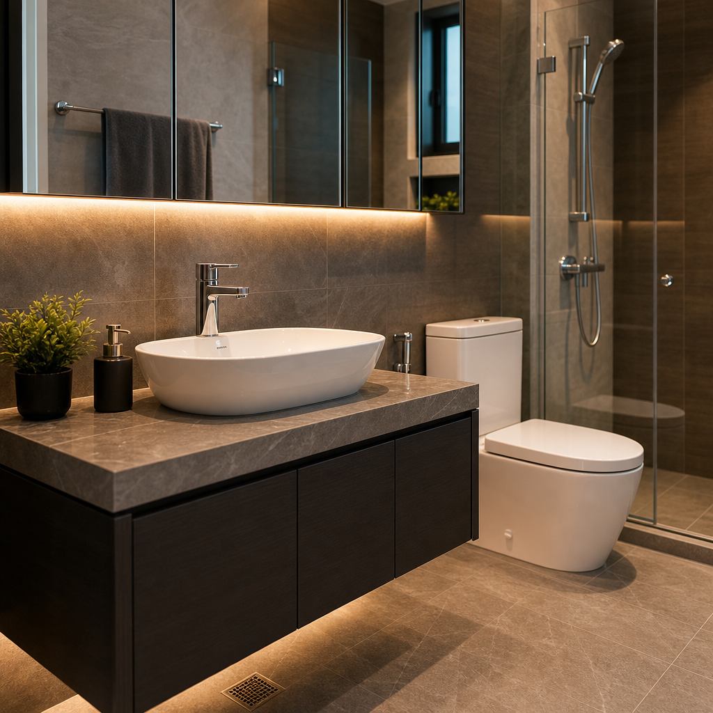 Vanity installation with stone top and modern sanitary fittings