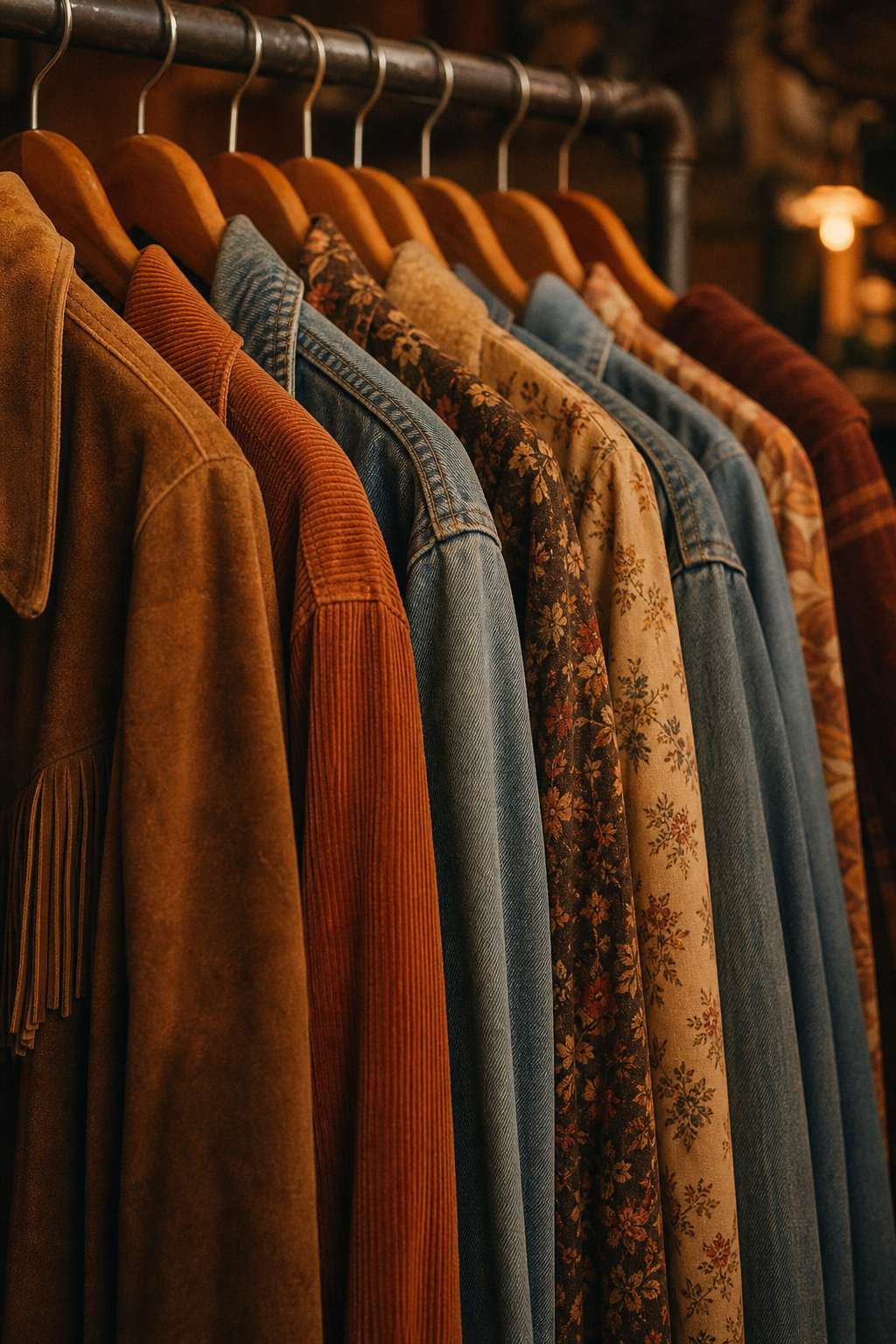 Warm close-up of vintage clothing textures on a rack with soft cinematic lighting