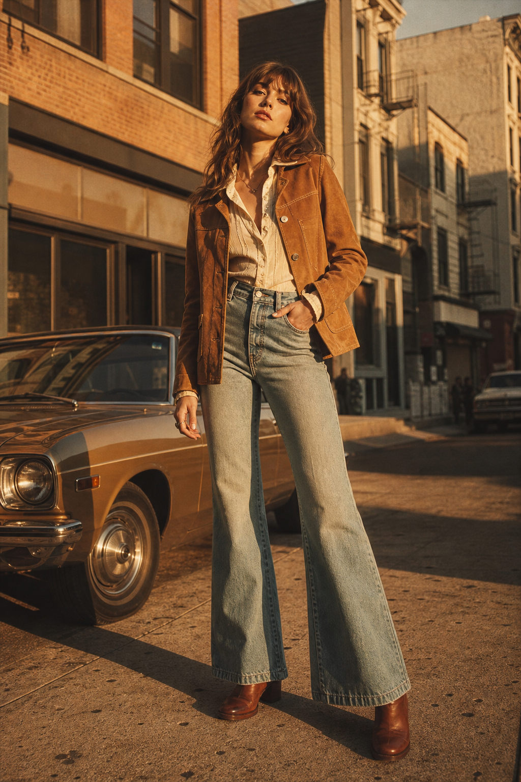 Model in a 1970s-inspired outfit with soft tailoring, denim, and suede accents in warm sunset light