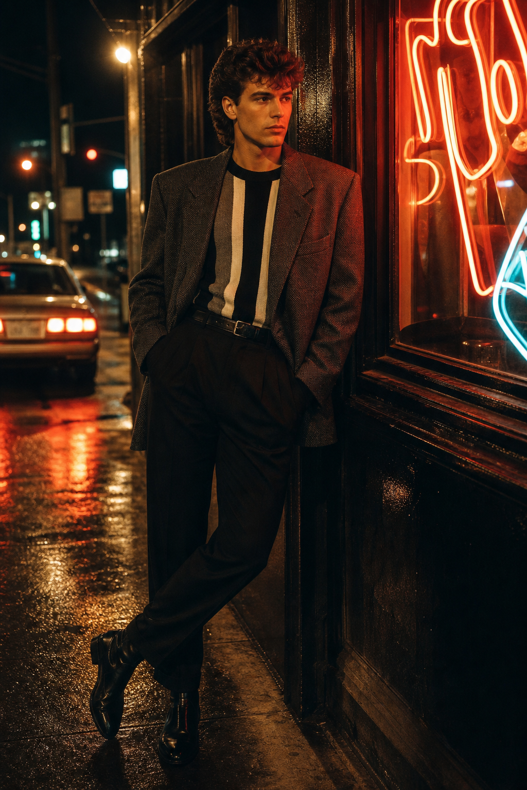 Model in a bold 1980s-inspired look with oversized shoulders and textured statement knit under moody evening lighting