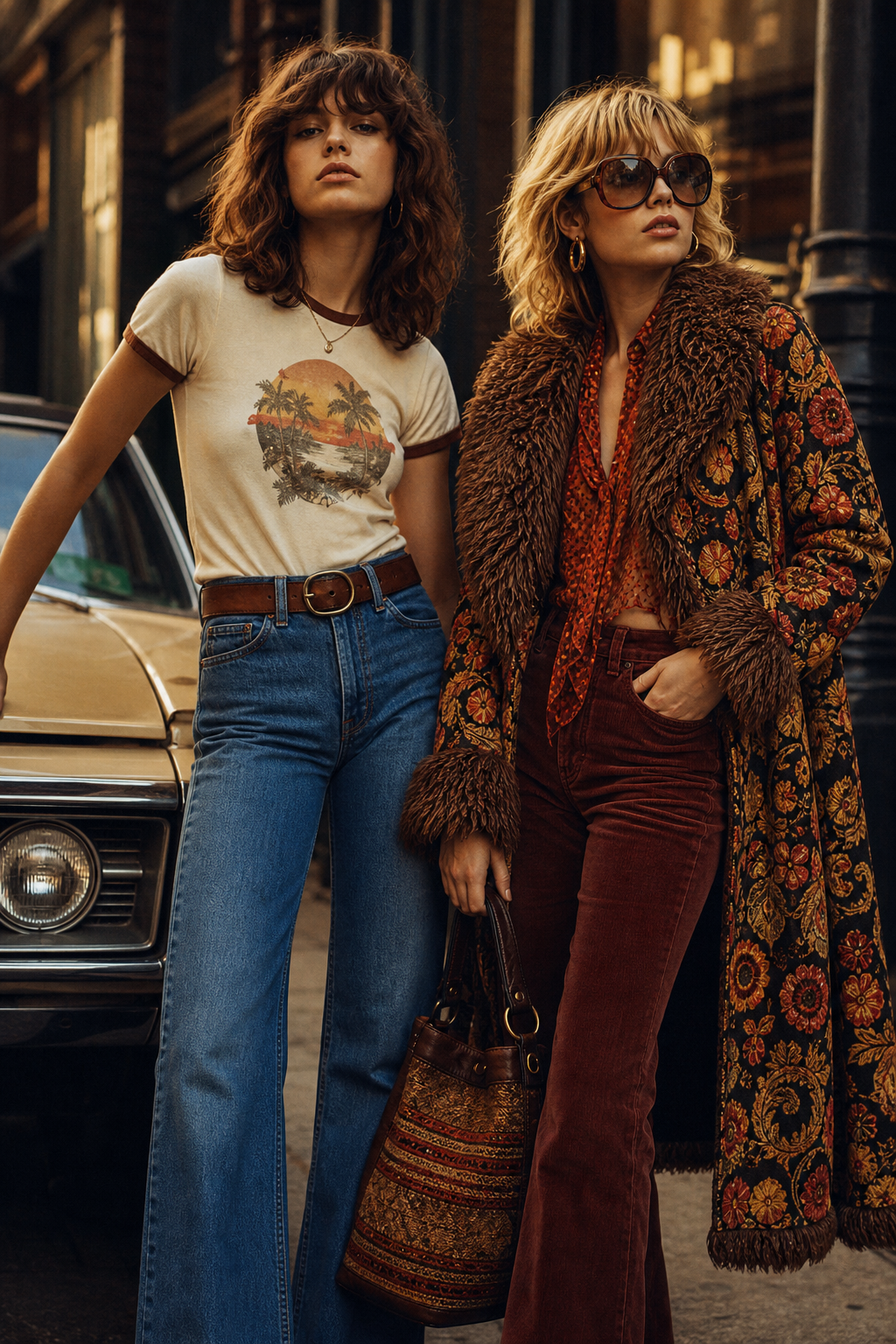 Two models styling a mixed vintage wardrobe combining everyday denim staples with standout patterned outerwear