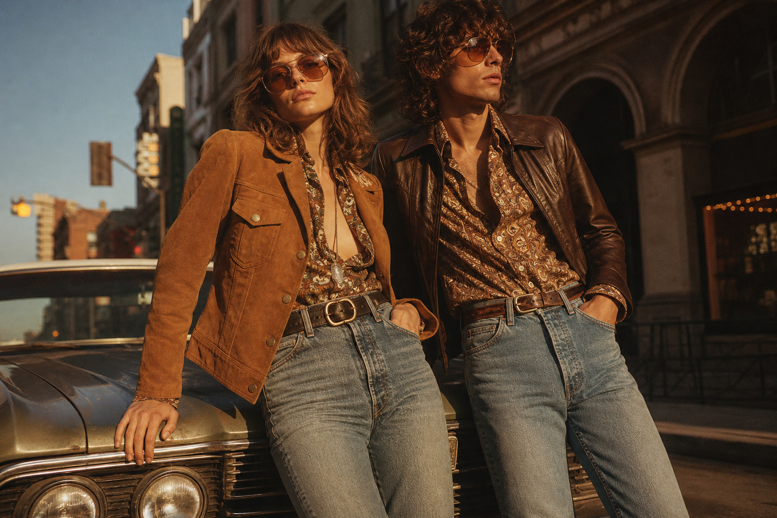 Warm film-style scene of models wearing 70s and 80s vintage clothing in a softly lit urban setting