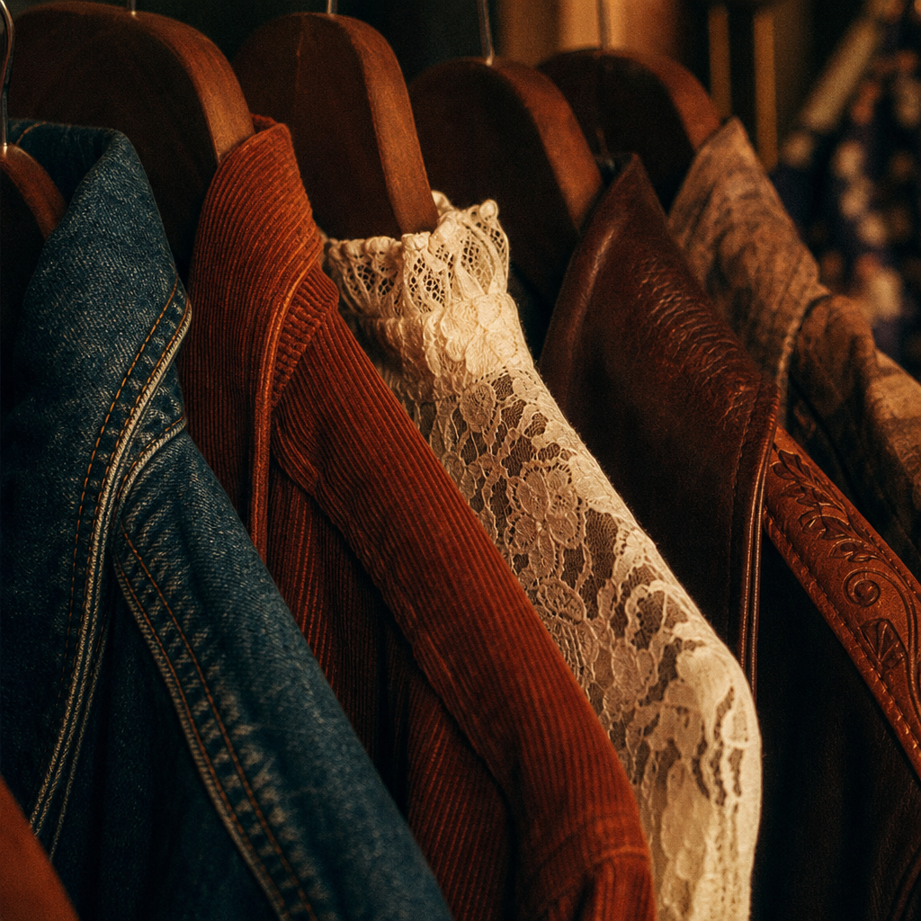 Close-up vintage rack detail with textured denim, suede, and patterned fabrics under warm grainy light