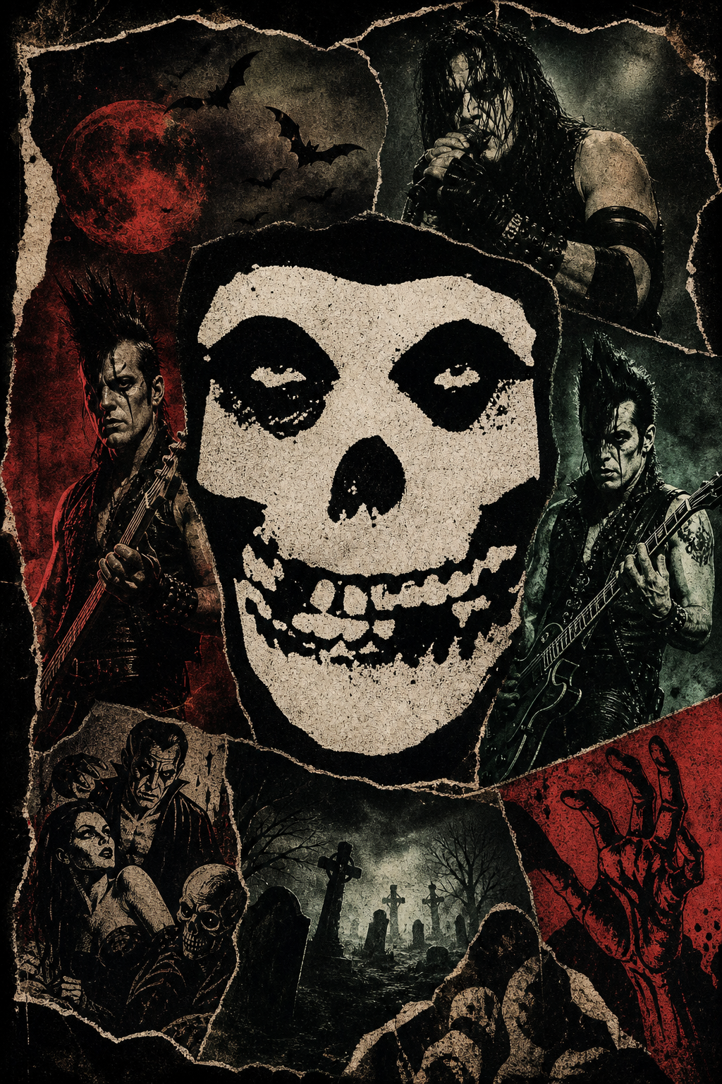 Retro horror-punk collage poster featuring a skull mascot, distressed textures, and gritty stage lighting
