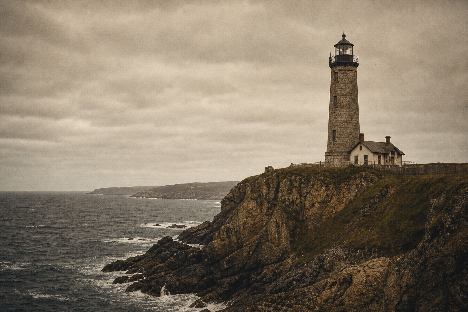 Cliffside lighthouse under overcast light with choppy sea below