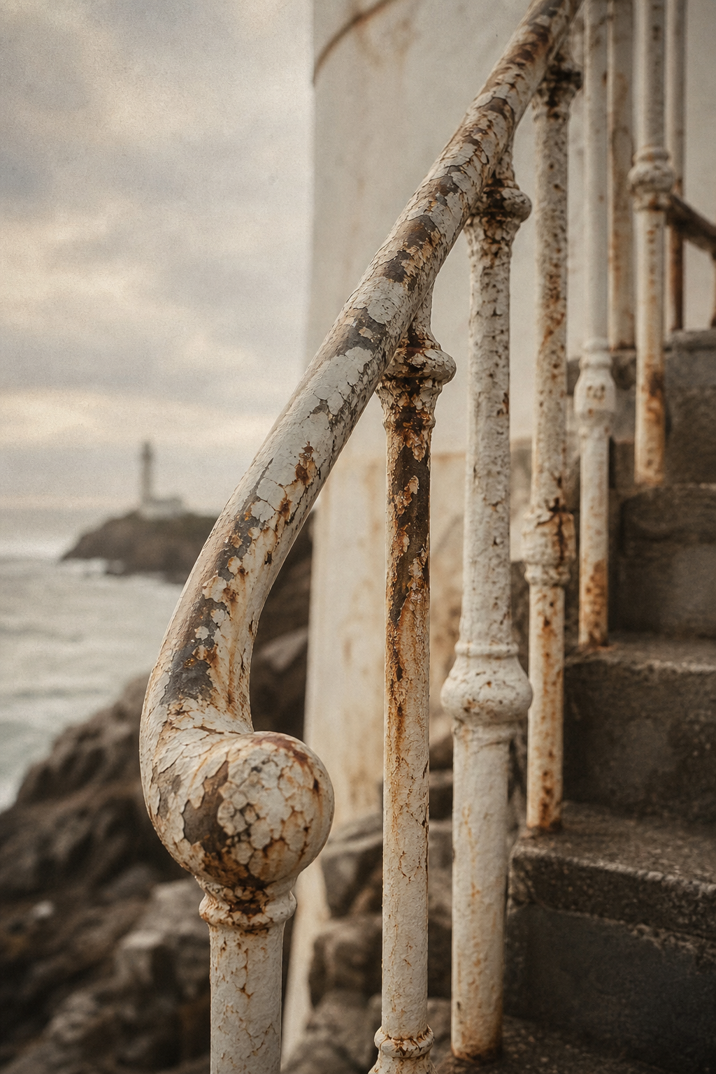 Weathered stair rail with peeling paint and rust texture