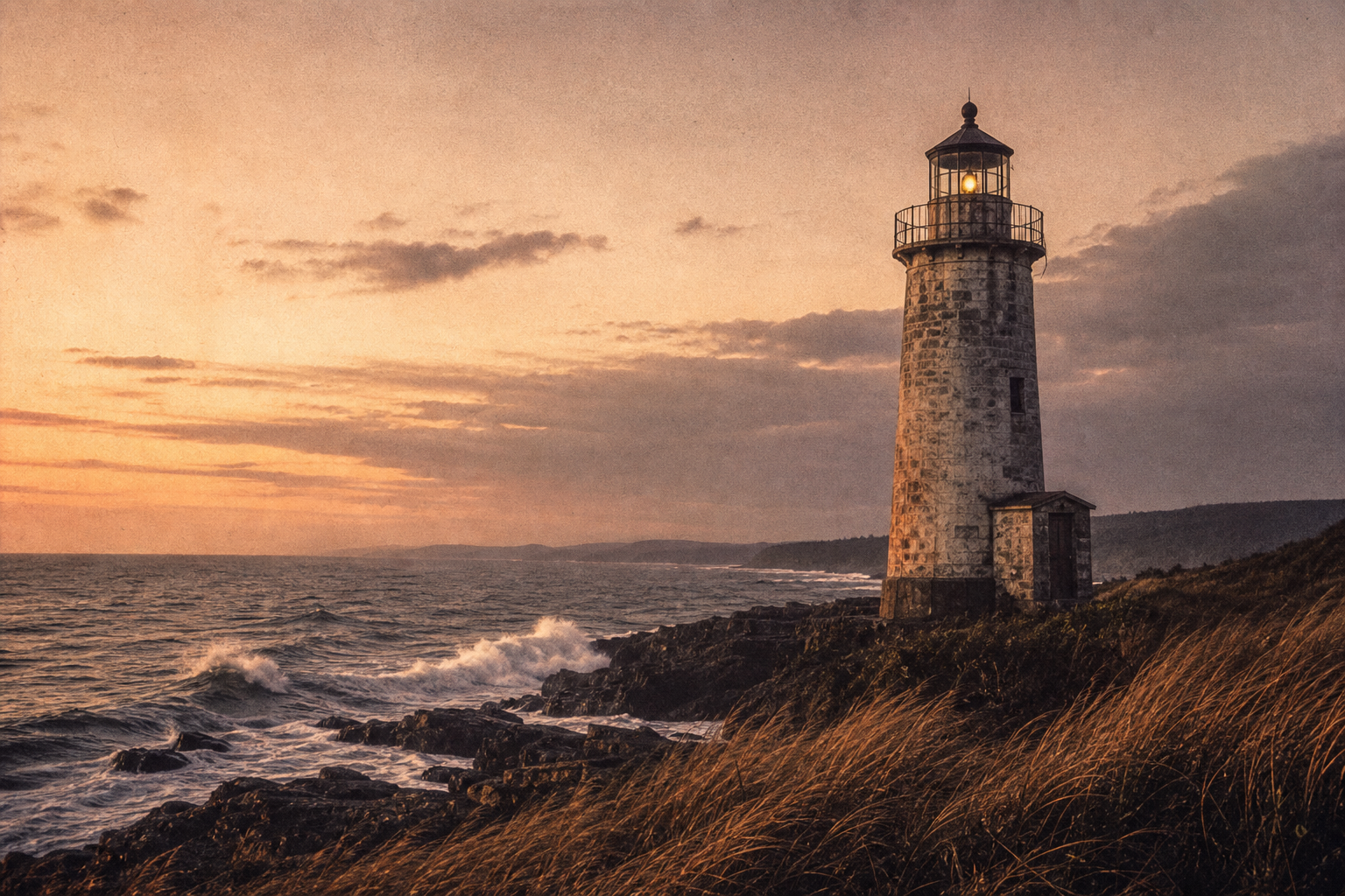 Warm film-style archival photograph of a solitary stone lighthouse on a rugged northern shoreline at dusk, with dark sea, wind-shaped grass, and soft amber sky haze