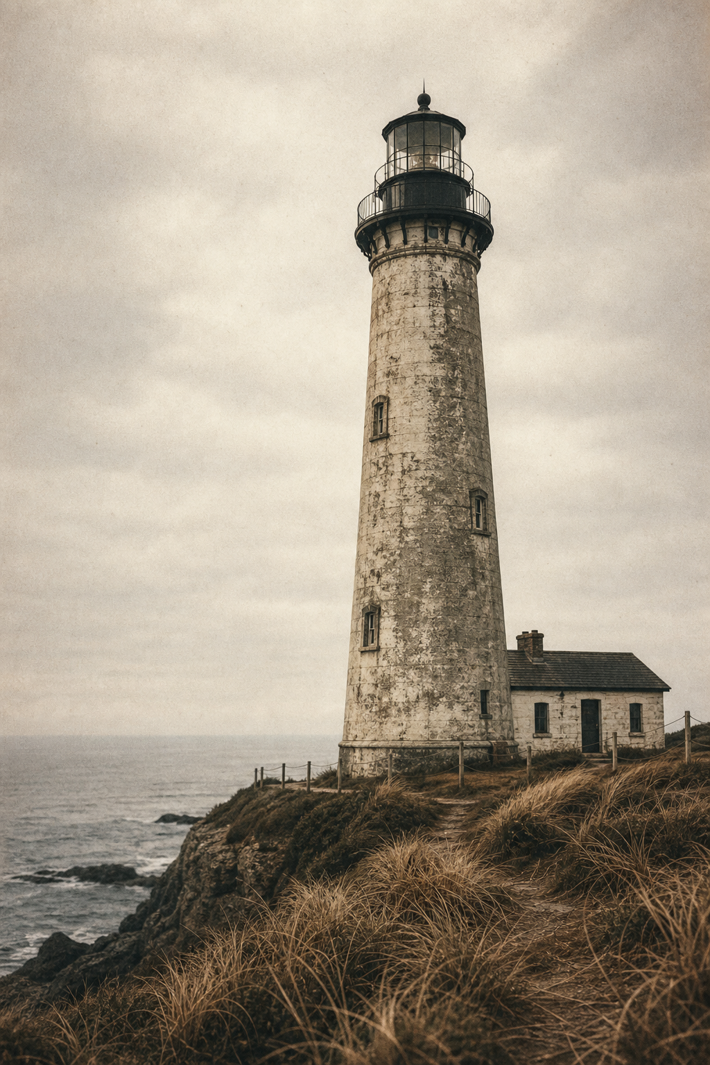 Archival-style portrait photograph of a northern coast lighthouse tower on a windswept bluff