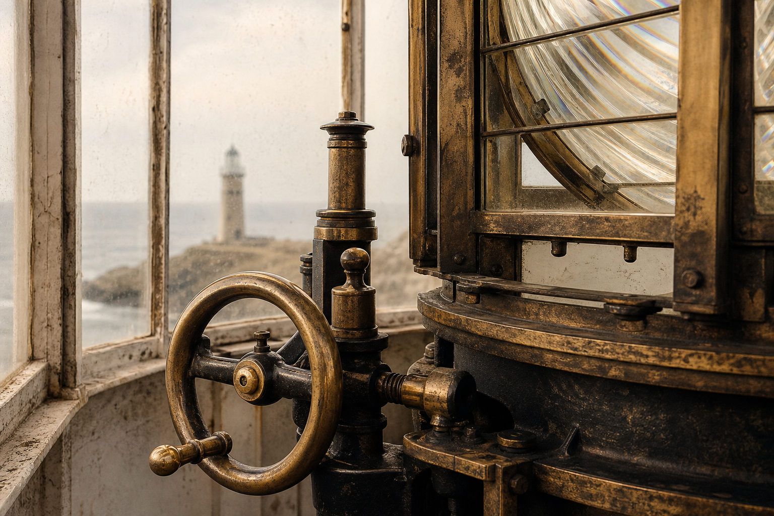 Close documentary view of a brass lighthouse lamp room mechanism with weathered glass and maintenance marks