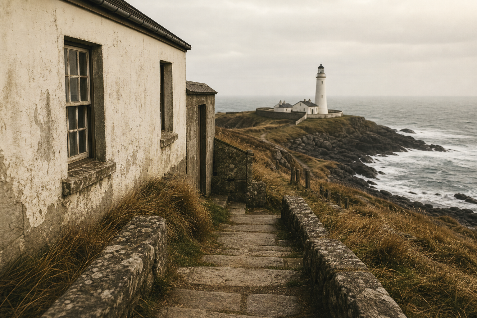 Documentary scene of salt-worn stone steps and keeper dwelling wall above a windy northern shoreline