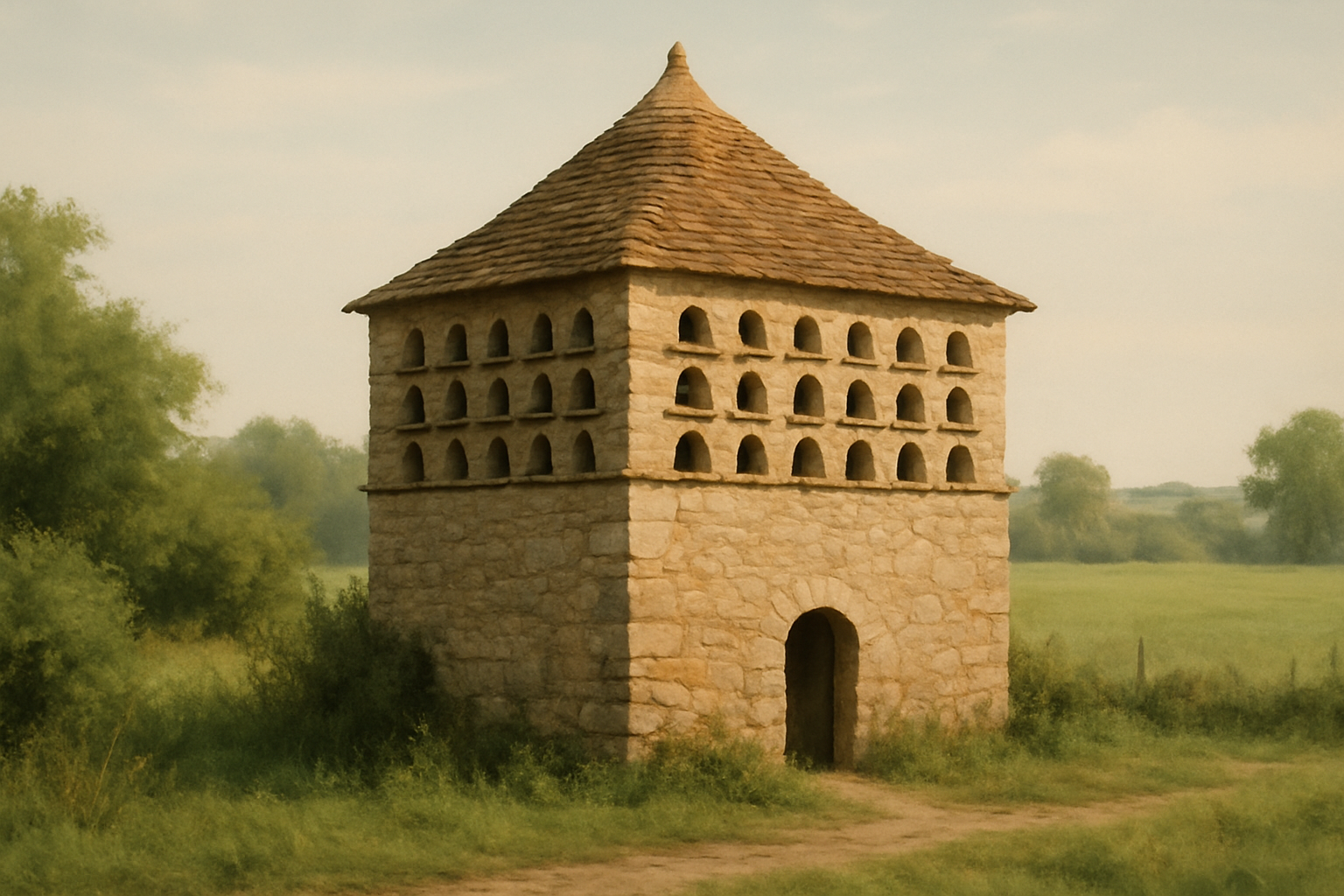 Historic dovecote pigeon house near farmland with warm stone walls
