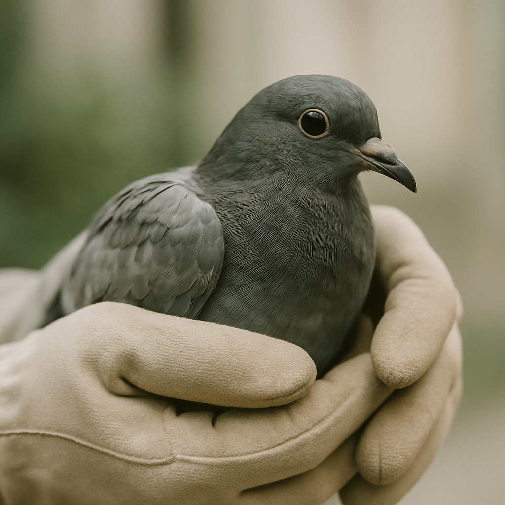 Close view of gloved hands holding a small pigeon calmly