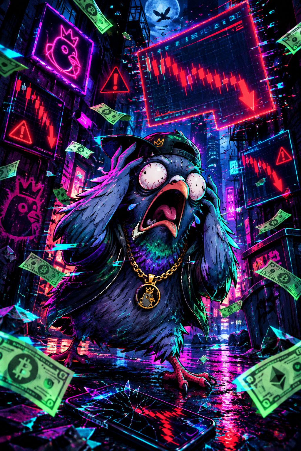 Chaotic Panic Pigeon character in a dark neon city scene, panicking at price charts with glitchy comic energy