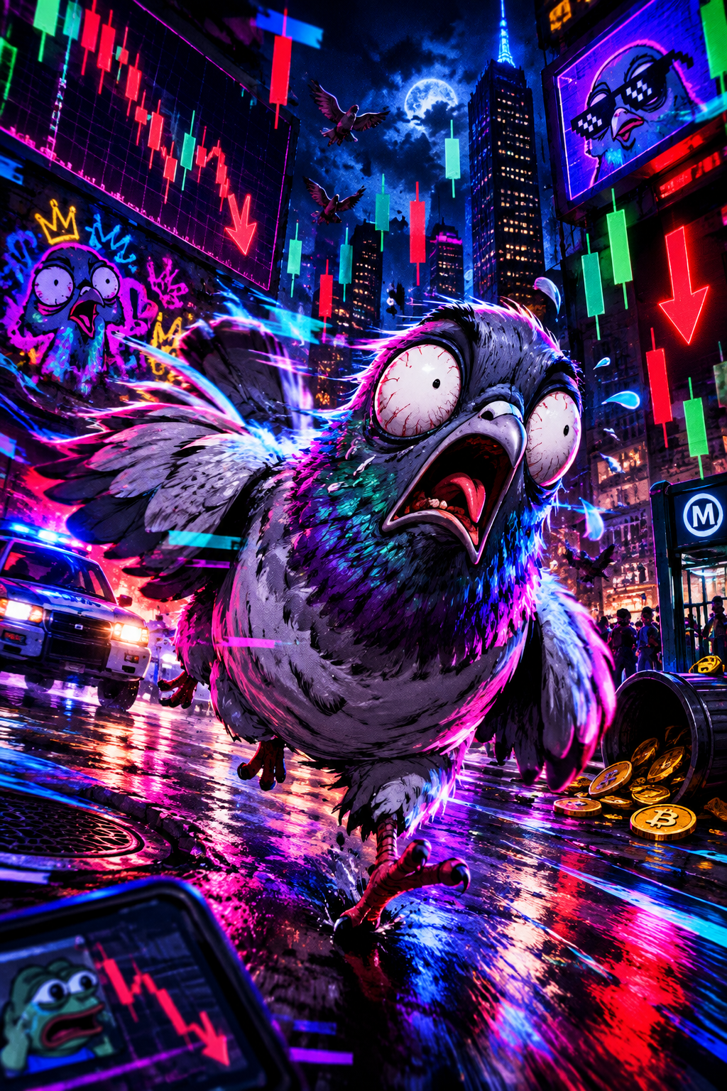 Poster-style urban scene of Panic Pigeon sprinting through chaotic city streets with neon glitch lights and meme energy