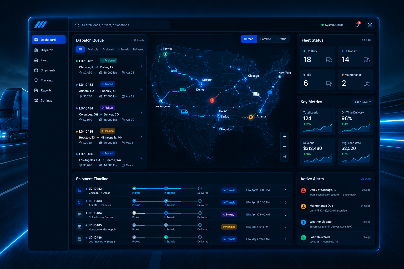 Truck fleet operations command center dashboard with route maps, dispatch status widgets, and analytics panels