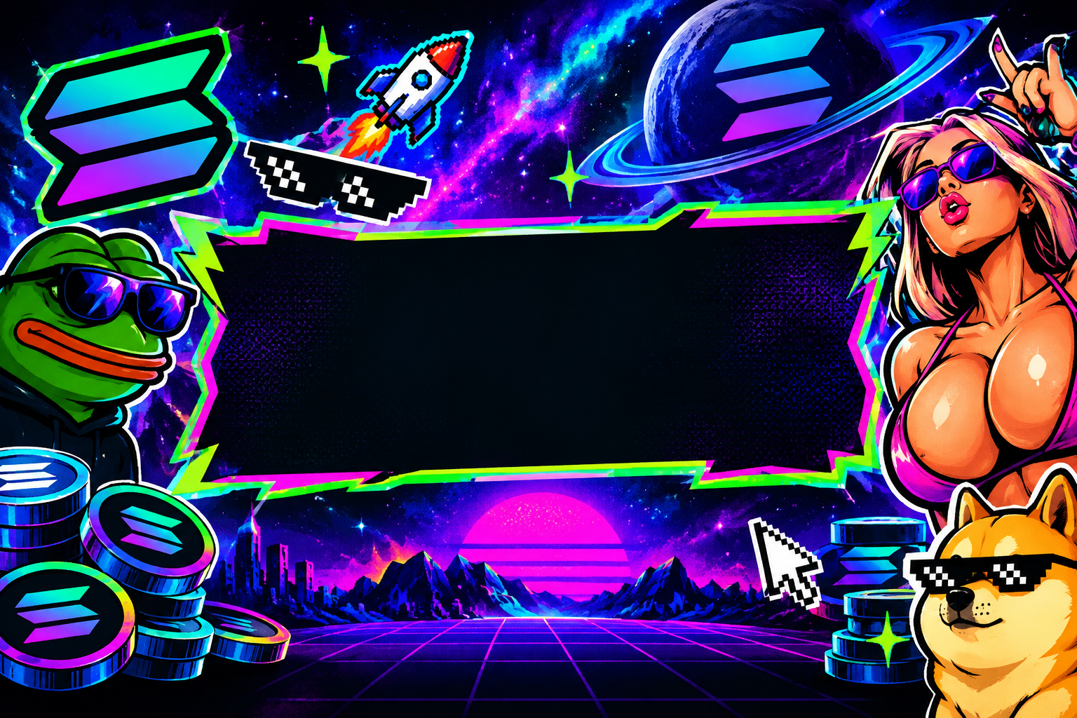 Wide horizontal placeholder banner for future Big Solana Titty artwork with meme-themed composition