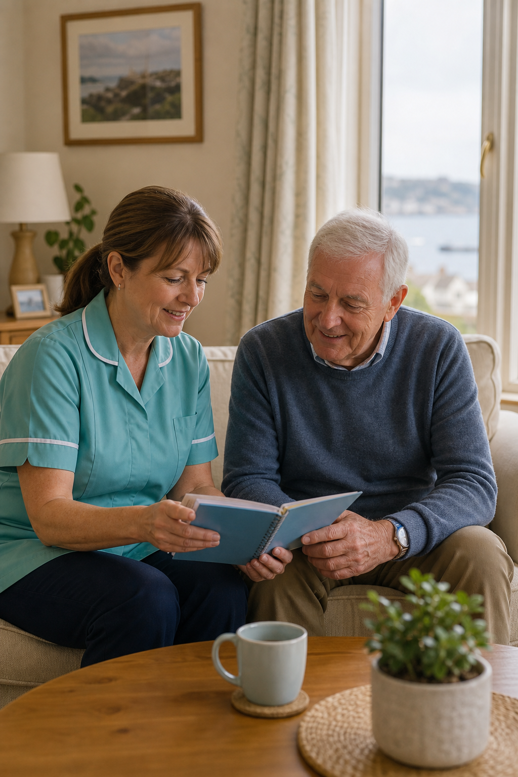 A compassionate caregiver seated beside an older adult at home, sharing a calm conversation in a bright Guernsey living room