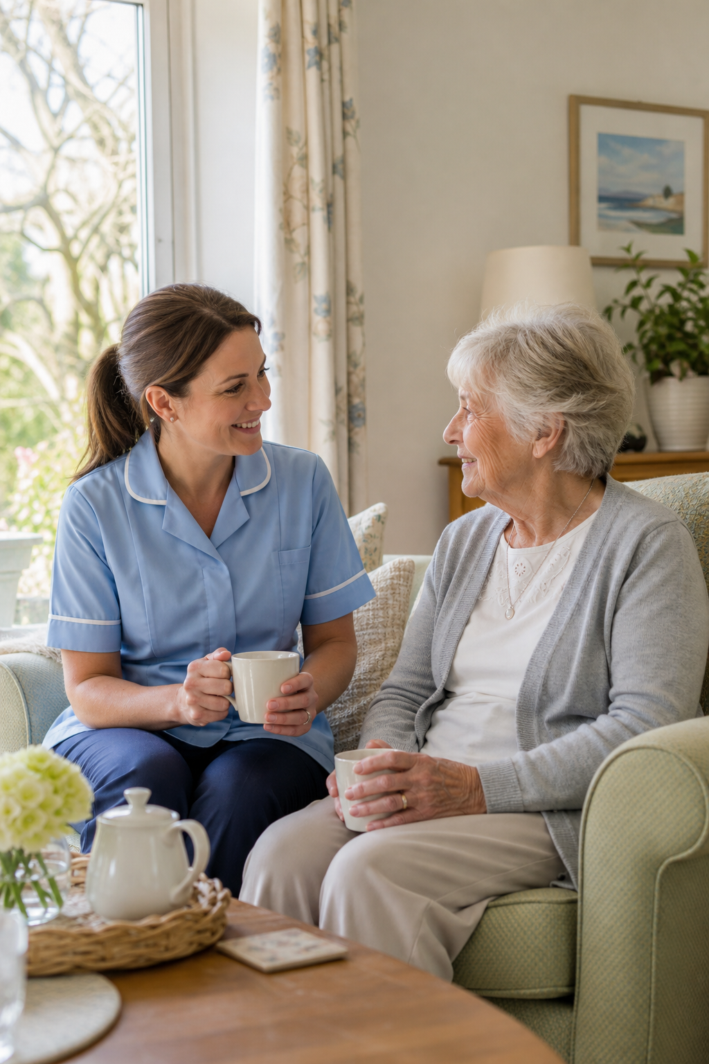 A warm home care moment with a professional caregiver and an older adult sharing a reassuring conversation in a bright living room