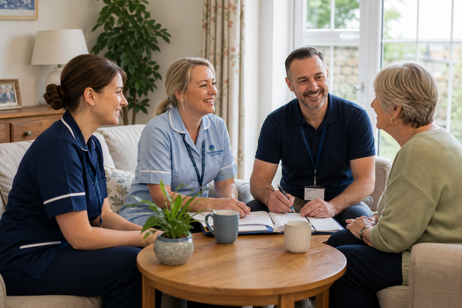 A small home care team in a bright living room, smiling together after a care planning discussion with a family member