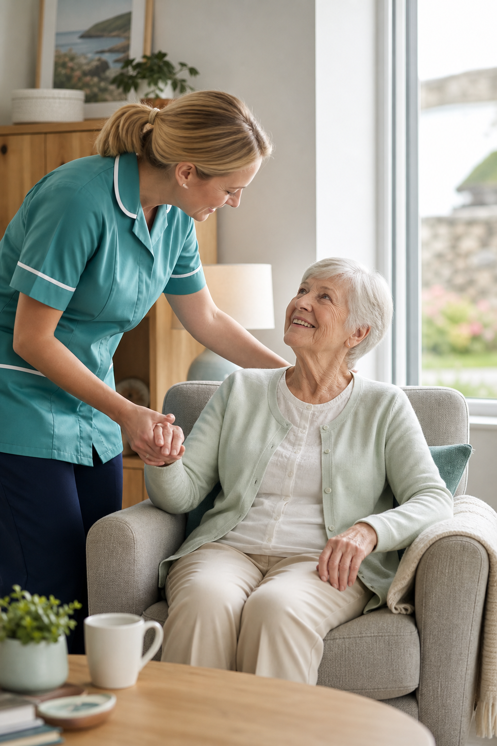 Kind professional caregiver supporting an older adult in a bright living room at home
