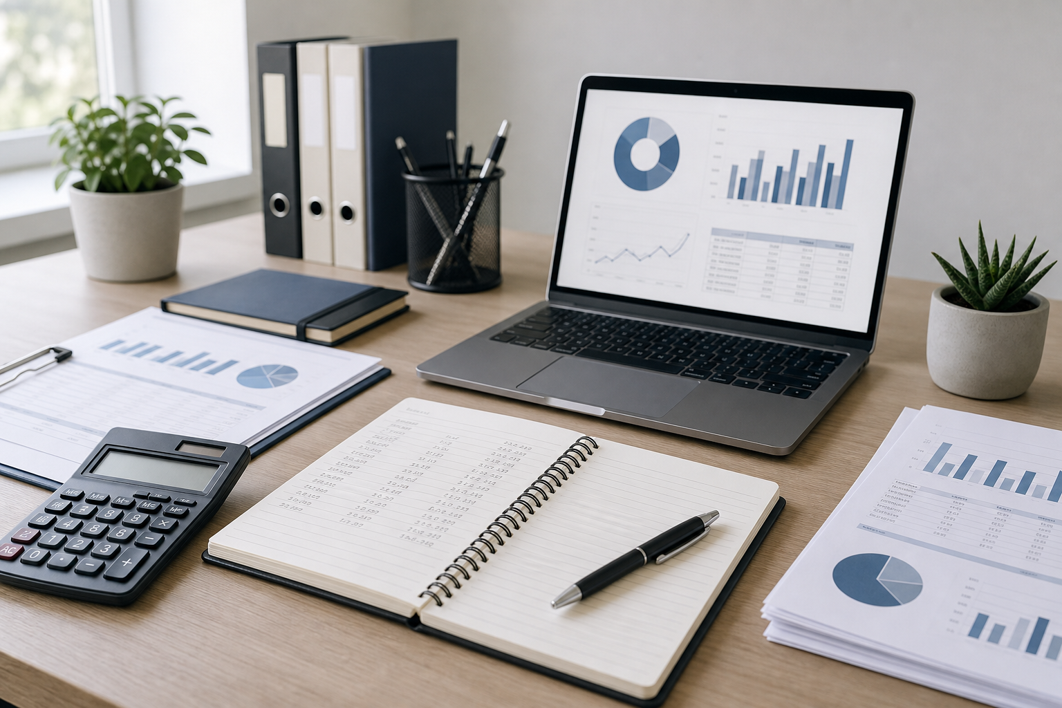 Organized bookkeeping workspace with tidy ledger, monthly financial reports, calculator, and laptop on a clean office desk