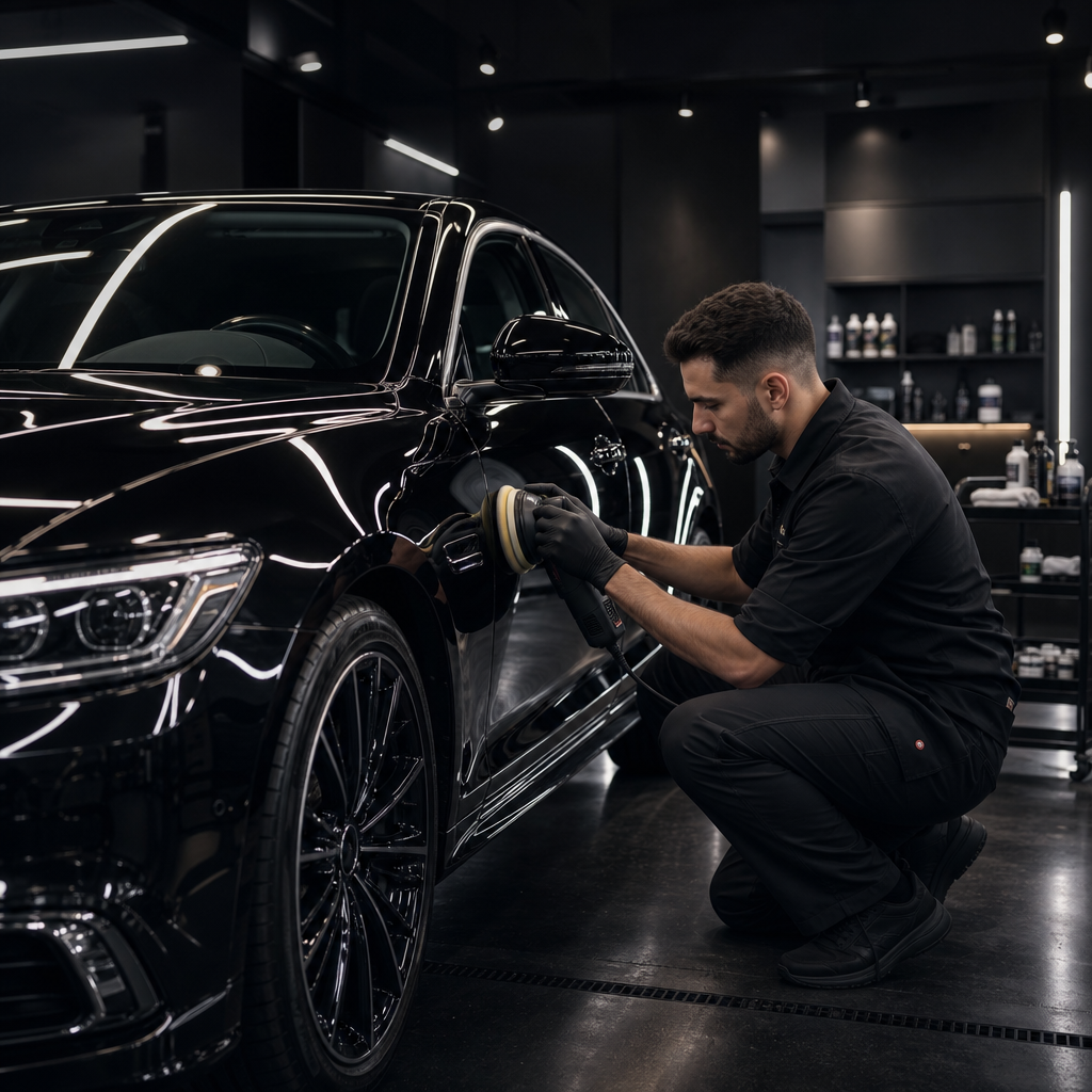 Professional automotive detailer in dark uniform polishing a deep black sedan inside a clean studio