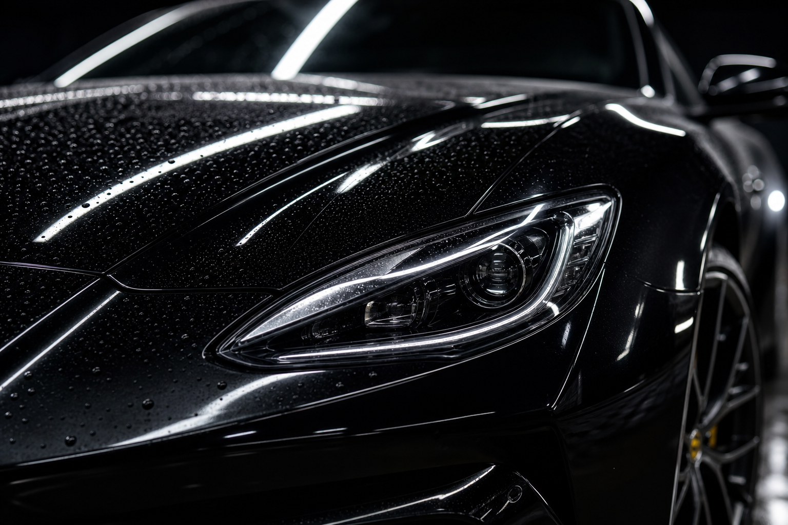 Close-up of a freshly detailed black sports car hood with bright reflections and water beading
