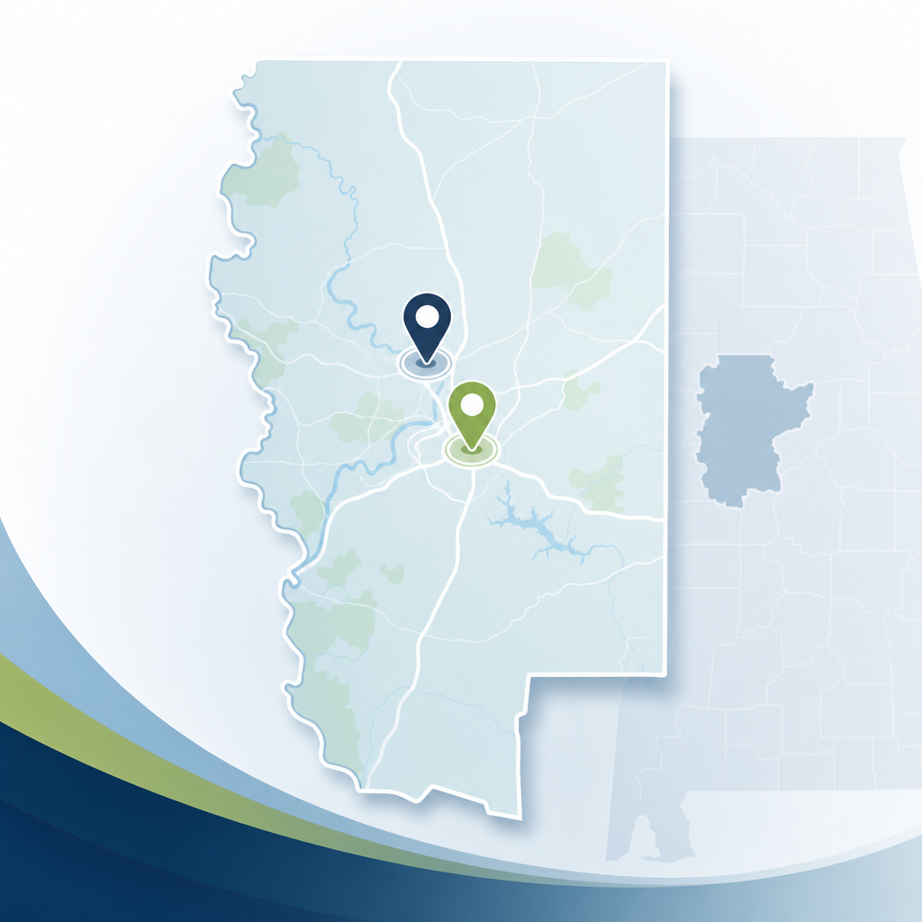 Illustrated map of West Alabama with Tuscaloosa and Northport highlighted