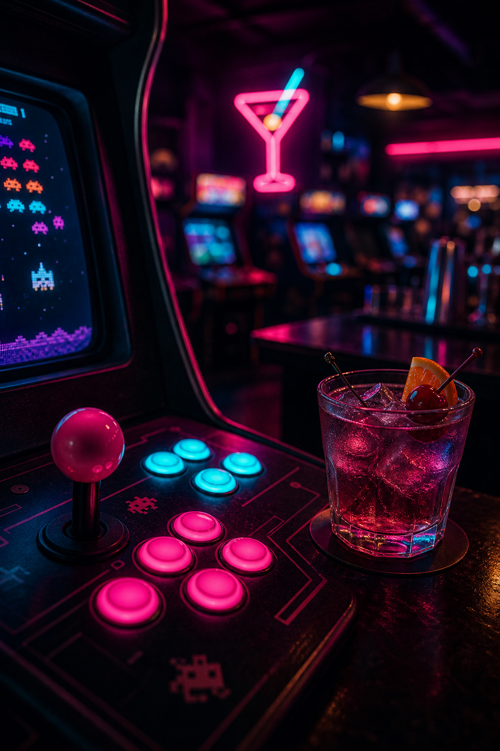 Moody close-up of a retro arcade cabinet with glowing magenta and cyan controls beside a cocktail on a dark bar top