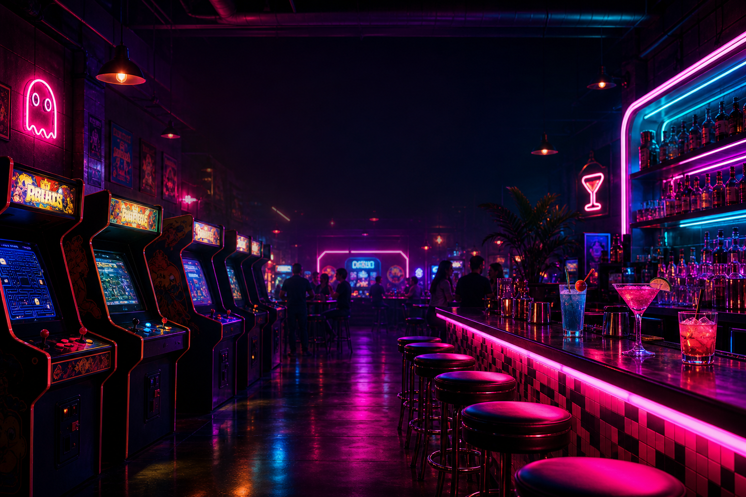 Neon-lit retro arcade bar interior with glowing game cabinets, cocktail bar lighting, and energetic nightlife mood