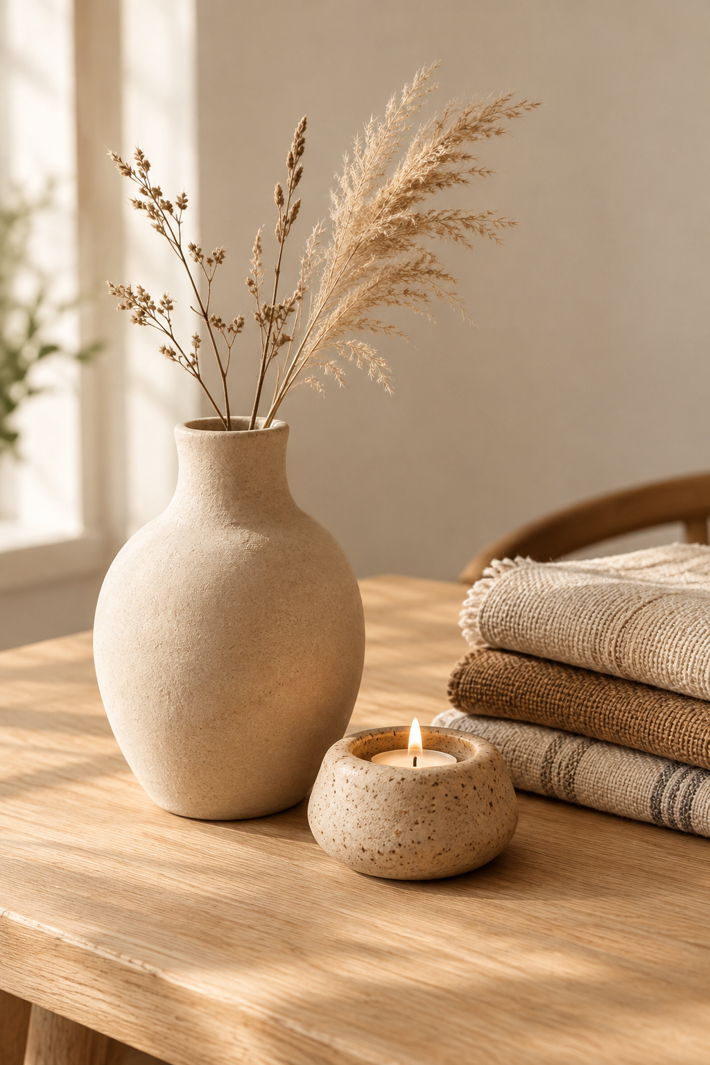 Styled still life of handmade ceramic vessels, woven textile swatches, and dried stems arranged on a natural wood table in soft window light