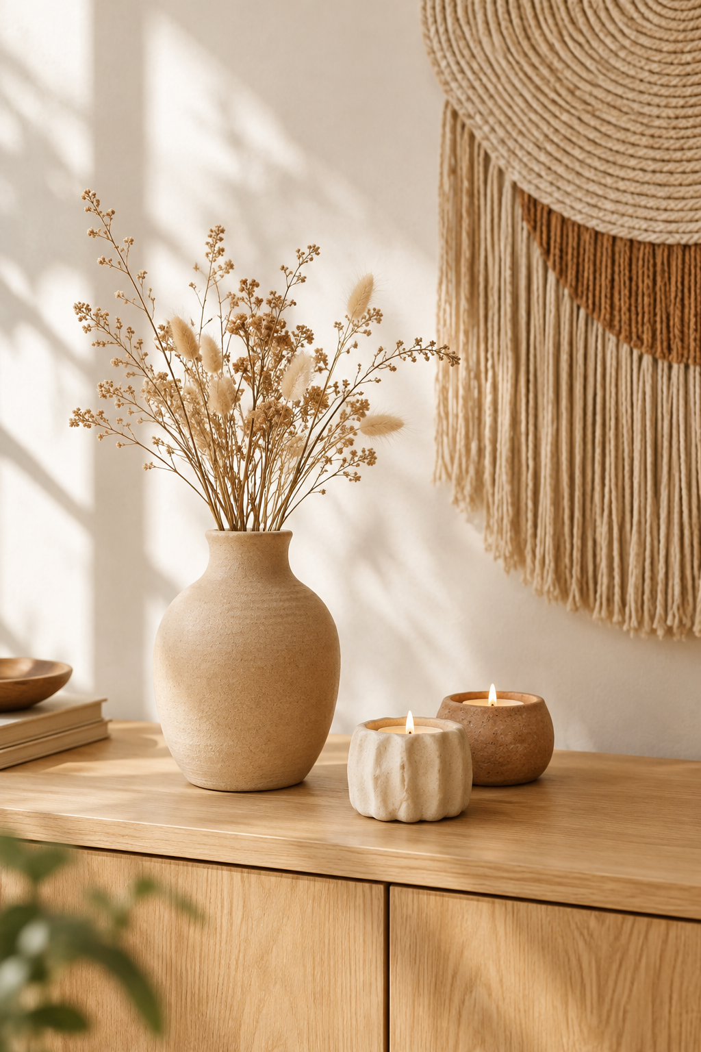 Warm handmade home decor still life with ceramic vase, woven wall texture, and candle holders in soft natural window light