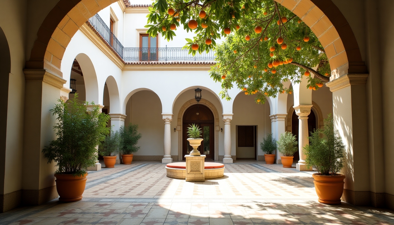 Seville courtyard with white arches and lush greenery