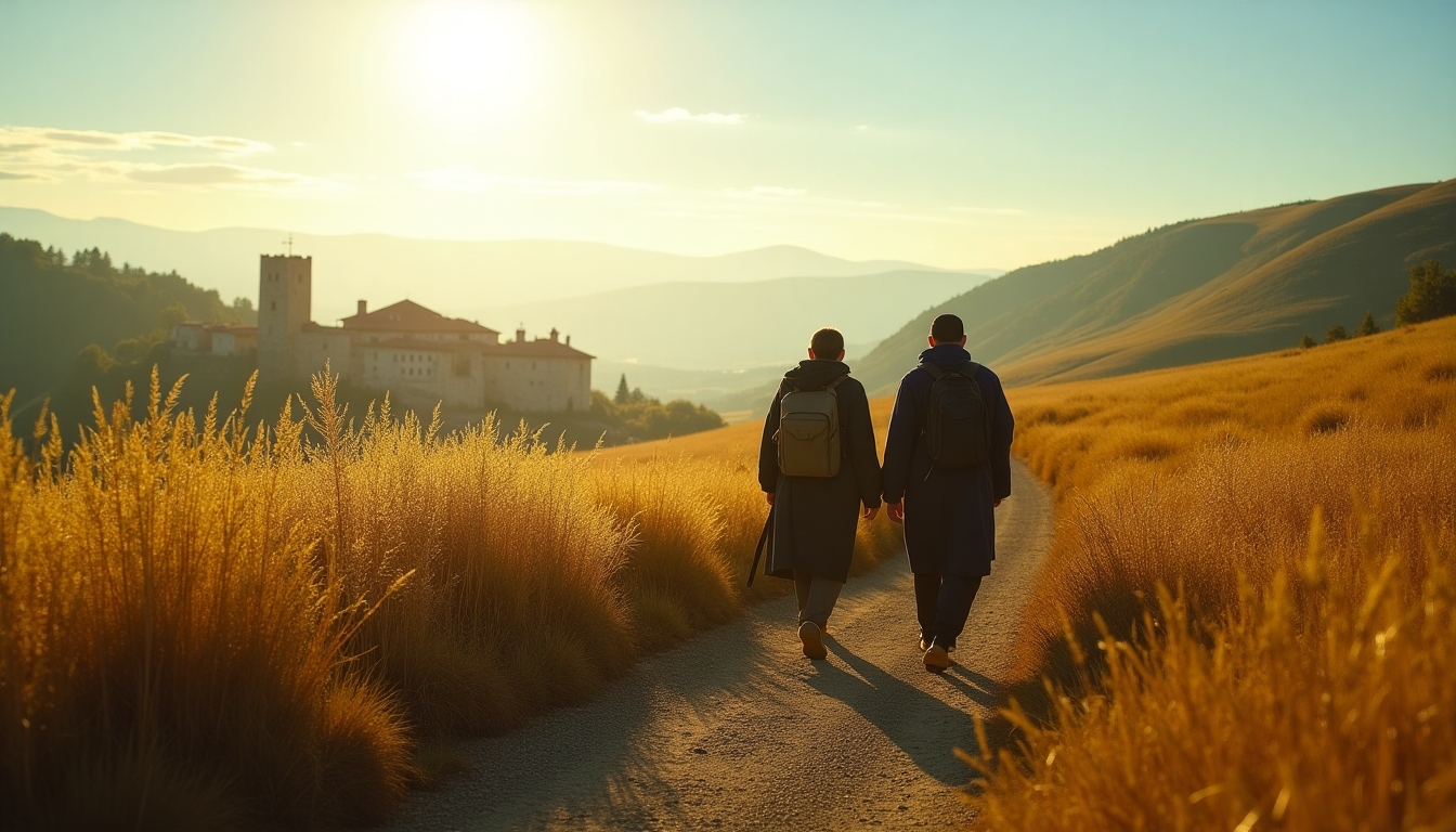 Pilgrims walking the Camino de Santiago along a sunlit rural path