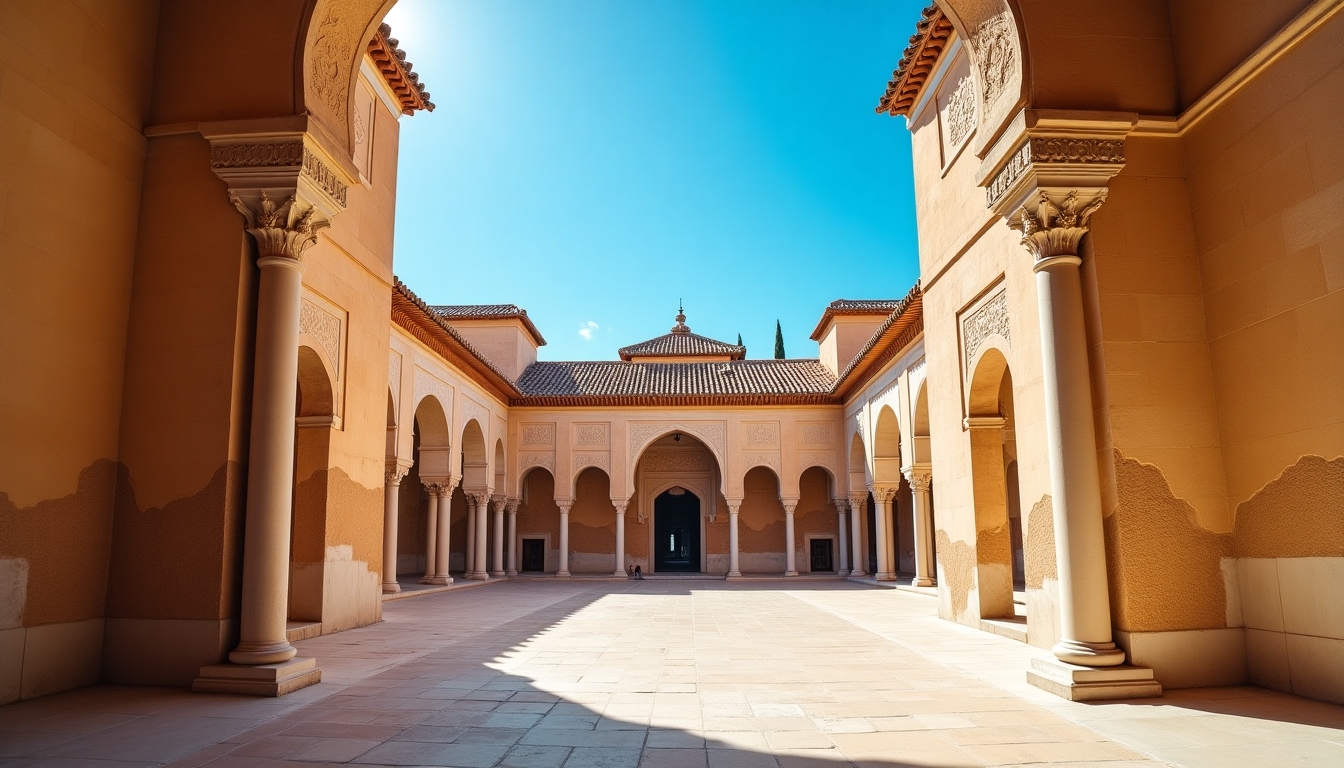 Alhambra palace in Granada with warm stone and blue sky