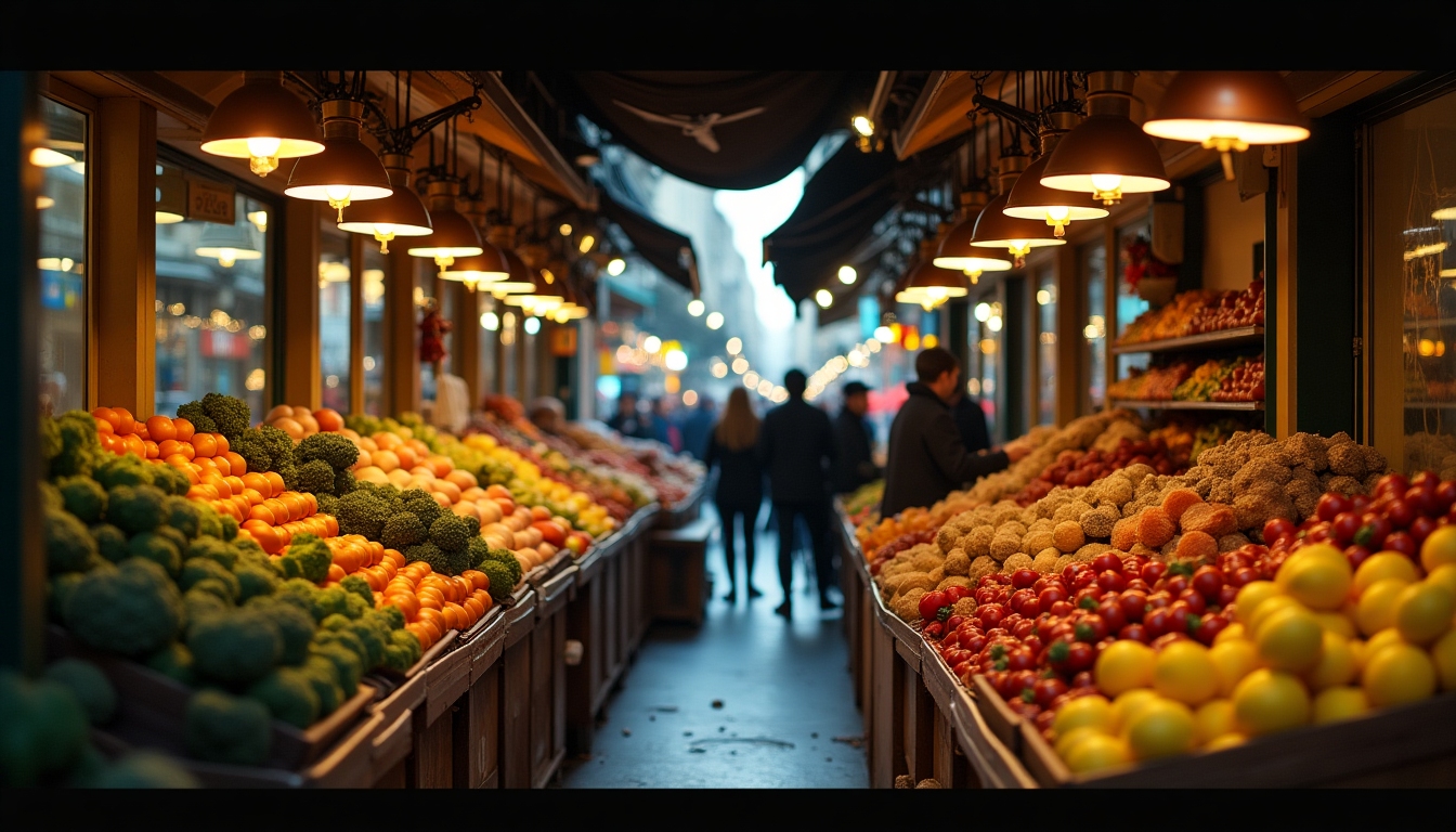Madrid market scene with colorful produce and warm lighting